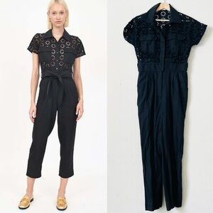 Christy Lynn SMALL Chase black linen blend eyelet lace jumpsuit